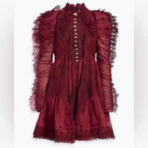 NWT Zimmermann Kaleidoscope Doily Ruffle Mini Dress in Burgundy Red